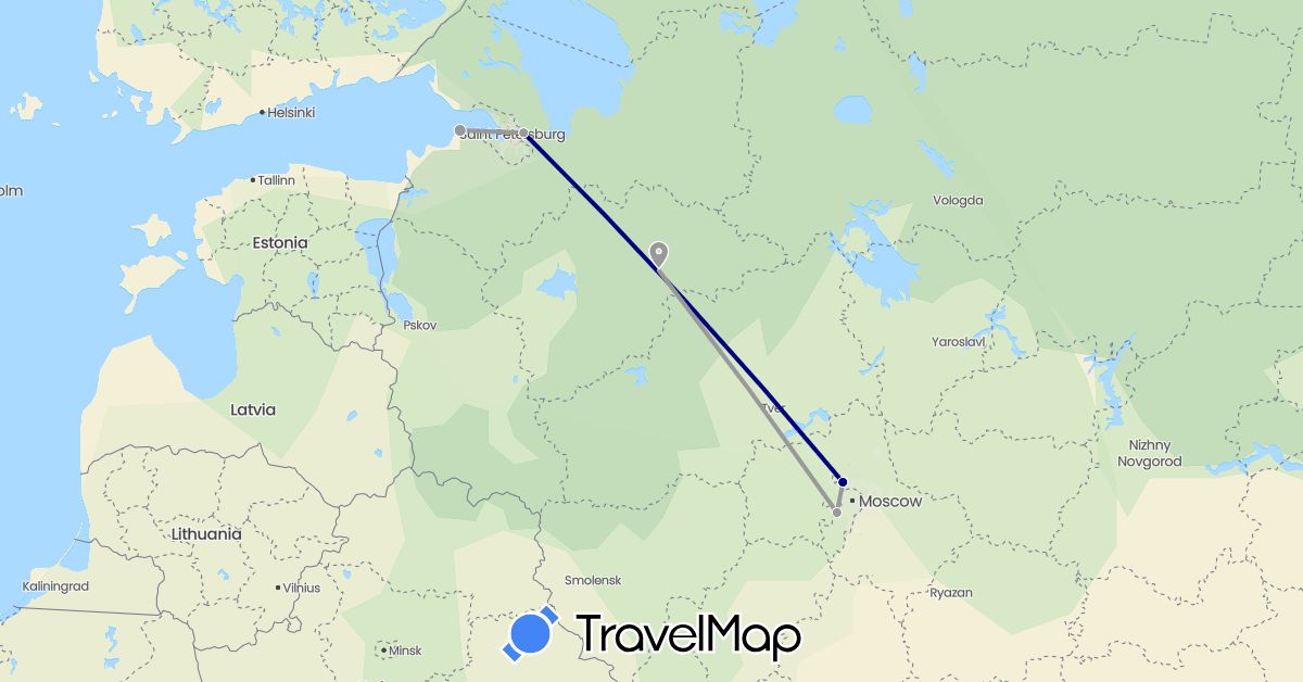 TravelMap itinerary: driving, plane in Russia (Europe)